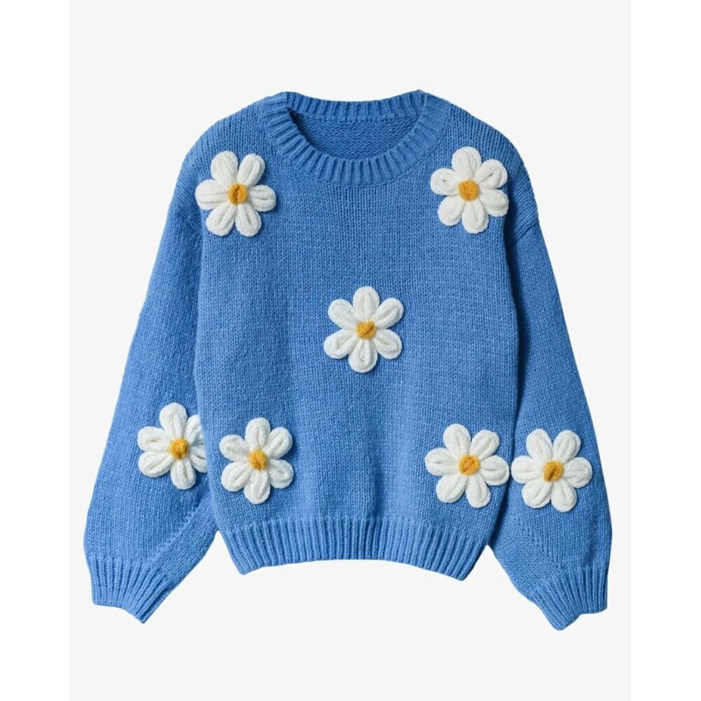 Floral Crewneck Sweater Long Sleeve Women Polyester Spring Fall Trendy - Picture 2 of 6